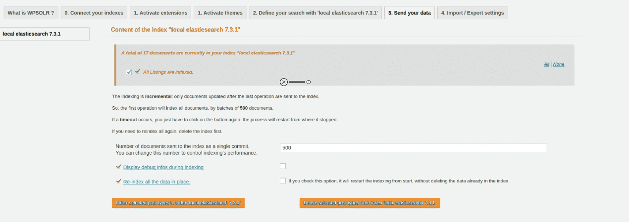 Image wpsolr-demo-mylisting-indexing.png of One million listings with MyListing Theme, Elasticsearch, and WPSOLR