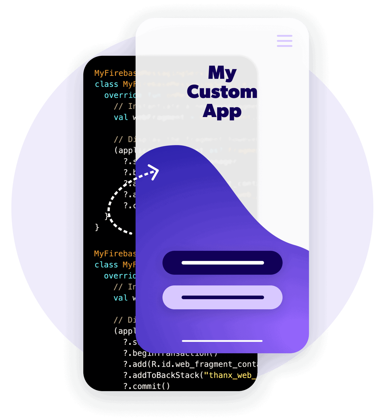 Illustration of a custom mobile app interface overlaid on background code, representing mobile app development or integration with a custom application.