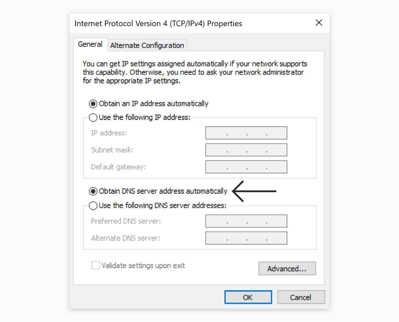 Select “Obtain DNS server address automatically.”