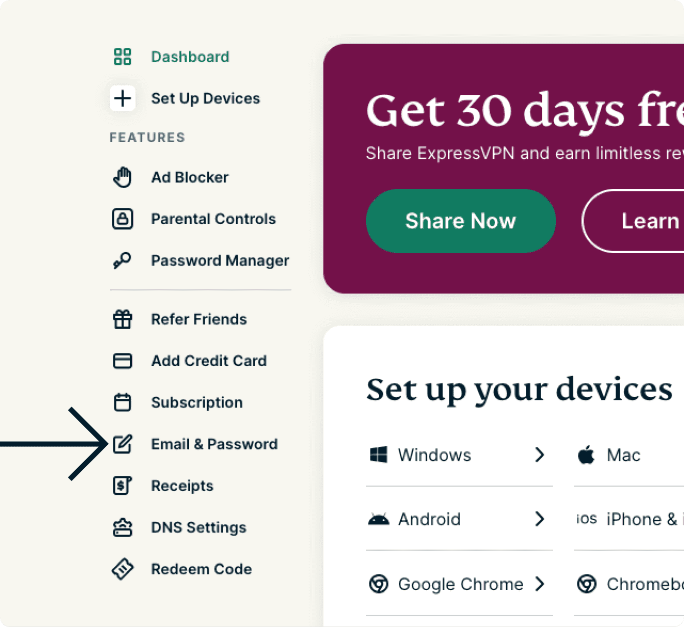 Uma imagem do painel da conta ExpressVPN. Uma seta aponta para Email e Password, a oitava opção clicável no menu do lado esquerdo.