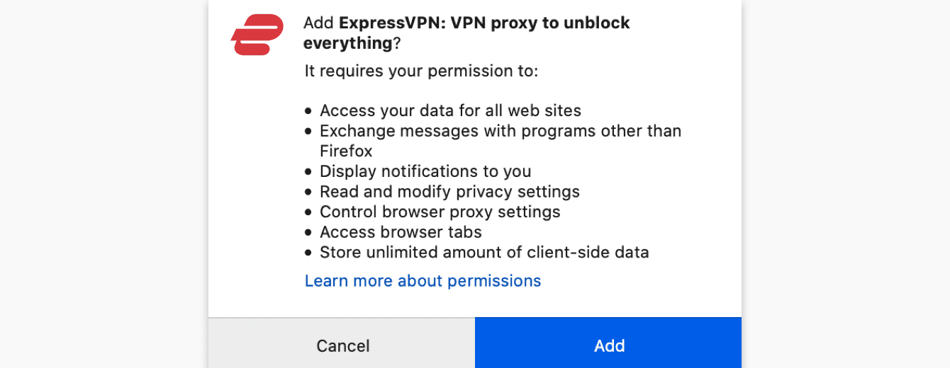 To add the ExpressVPN browser extension to your browser, click "Add."