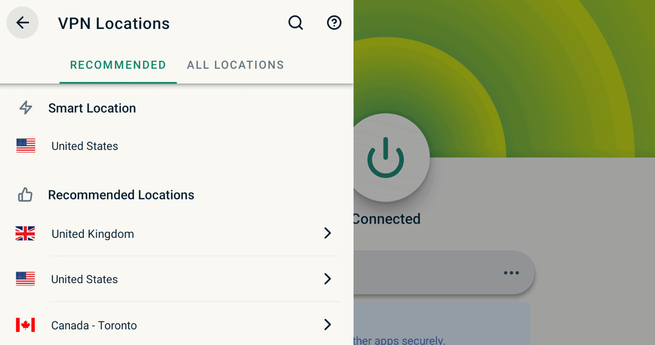 Suositellut-osio näyttää ExpressVPN:n sinulle suosittelemat sijainnit.