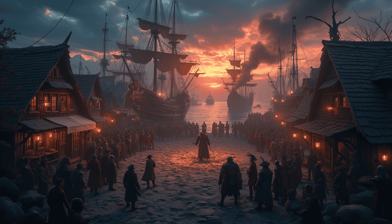 As the sun sets over the bustling harbor, where vibrant oranges and purples paint the sky, one might feel as if theyve stepped into a fantasy world straight out of a tabletop RPG. People in historical attire bustle about as large sailing ships dock alongside wooden buildings, smoke drifting from one vessel.
