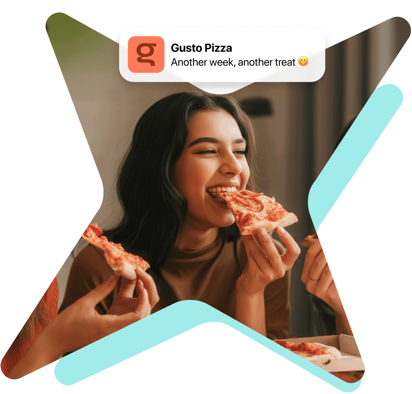 Graphic image of a person eating a slice of pizza with a notification that says "Another week, another treat" from Gusto Pizza.