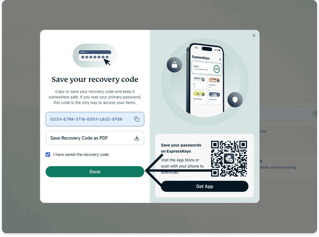 An arrow points to the Done button on the ExpressAI recovery code screen on desktop.