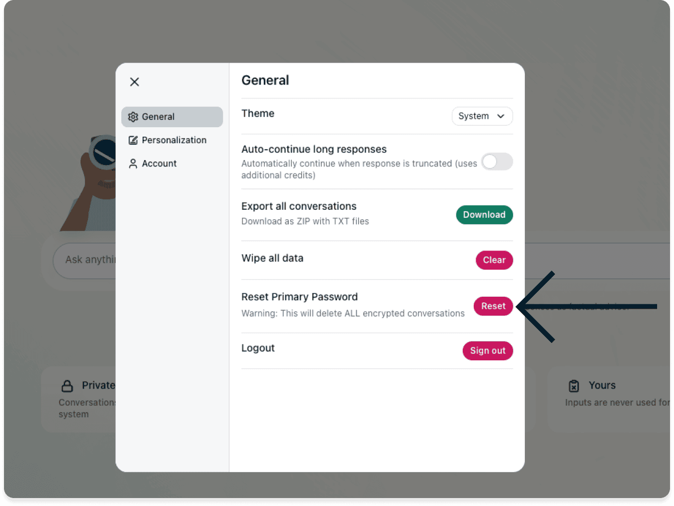 Screenshot shows the ExpressAI settings menu. An arrow points to the Reset button for resetting the primary password.
