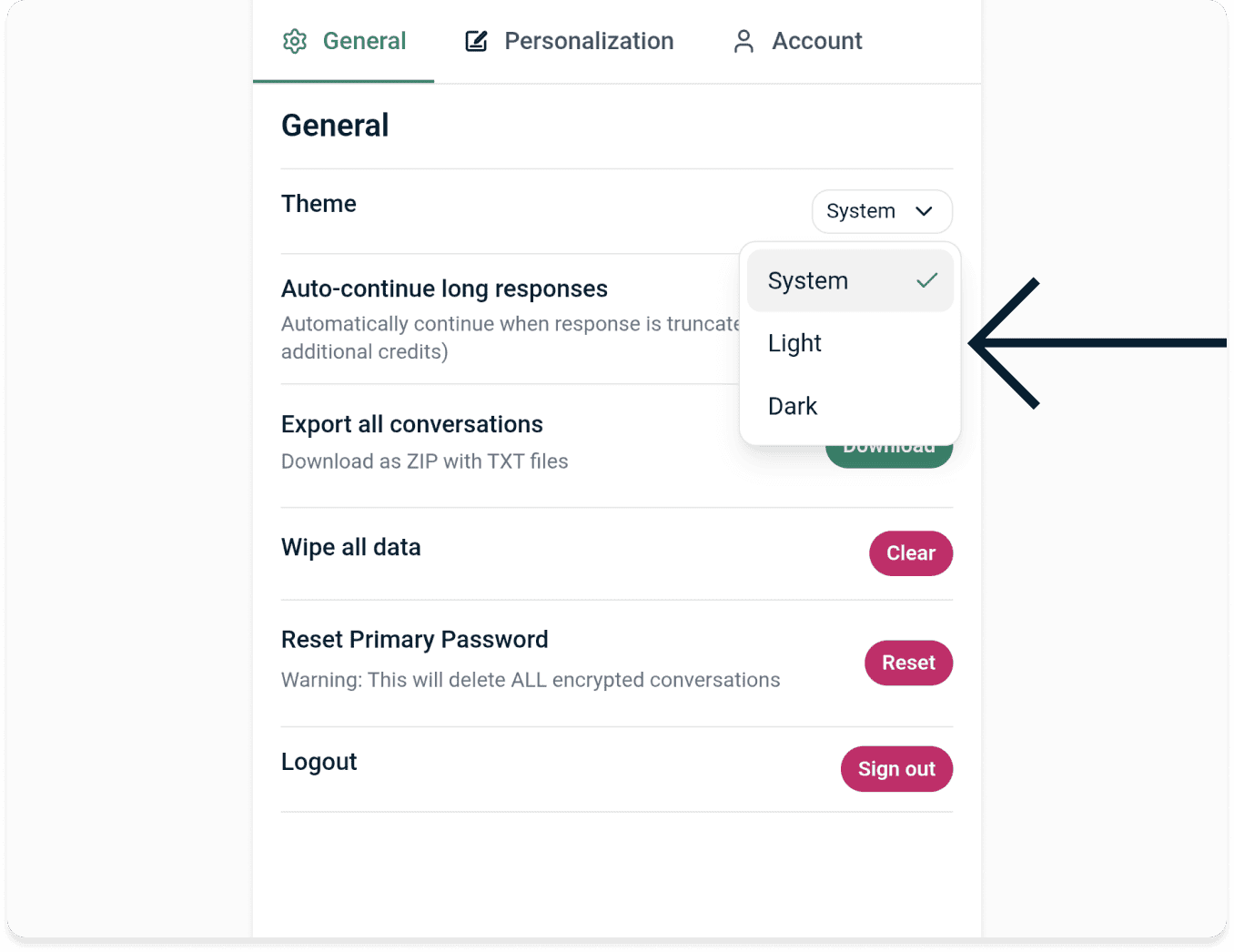 Screenshot of the settings menu on the mobile version of ExpressAI. An arrow points to the Light option in the Theme dropdown menu.
