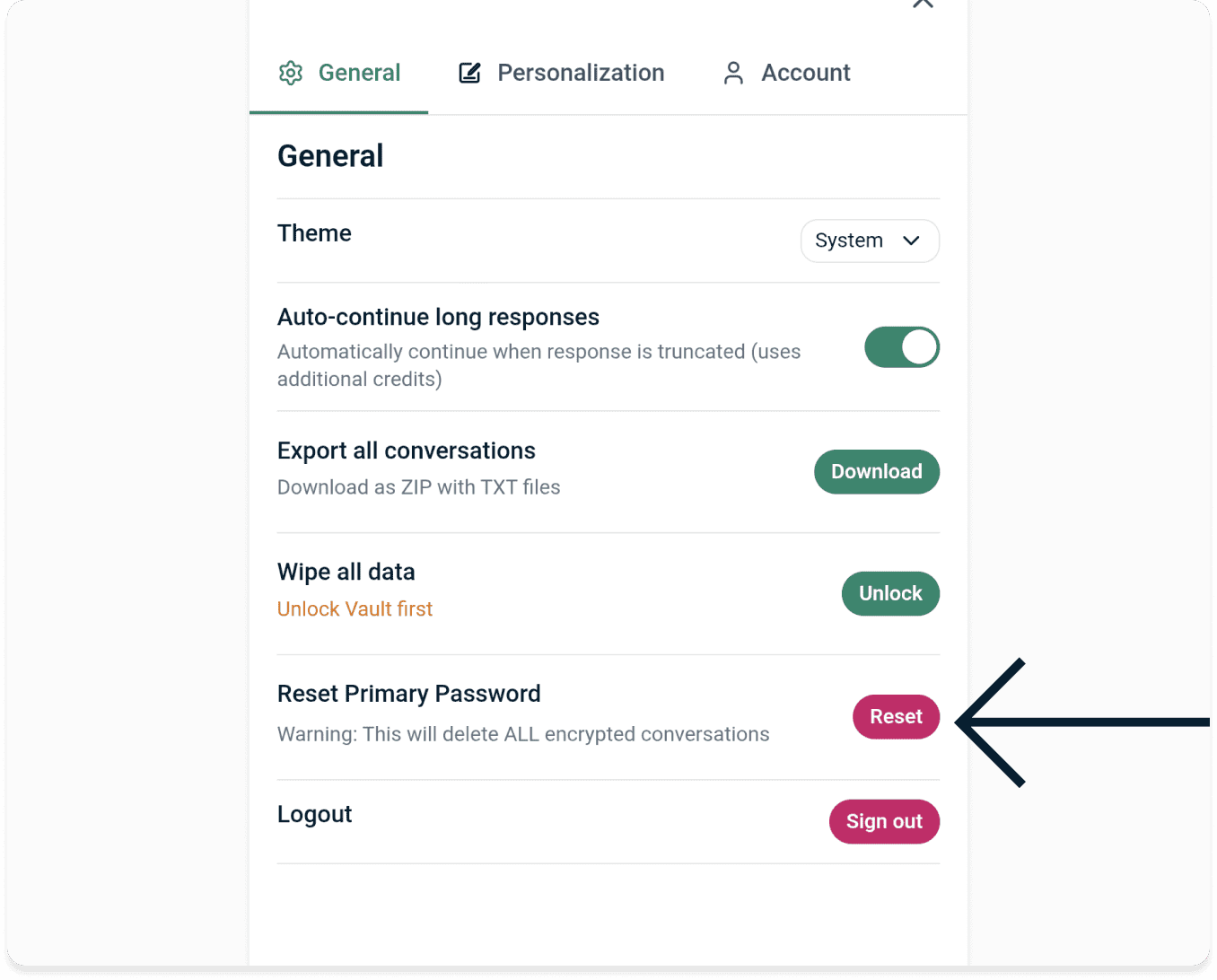 A screenshot of the ExpressAI settings menu on mobile. An arrow points to the Reset button next to the Reset Primary Password section.