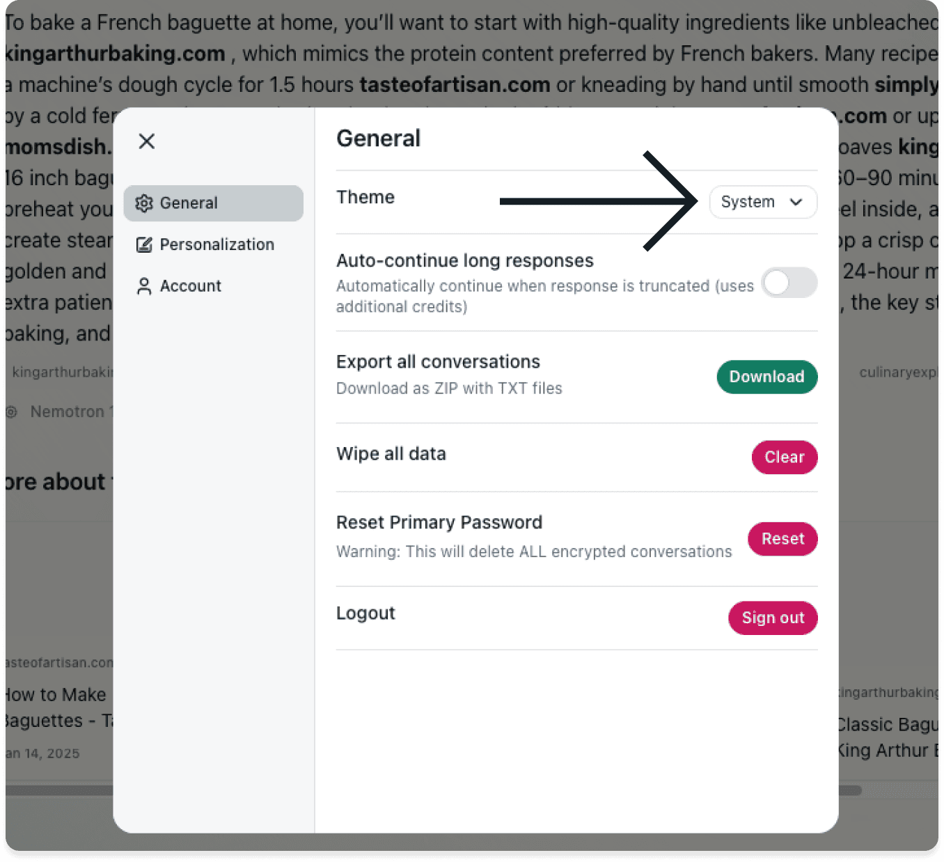 Screenshot of the Settings menu on the desktop version of ExpressAI. An arrow points to the dropdown menu next to Theme.