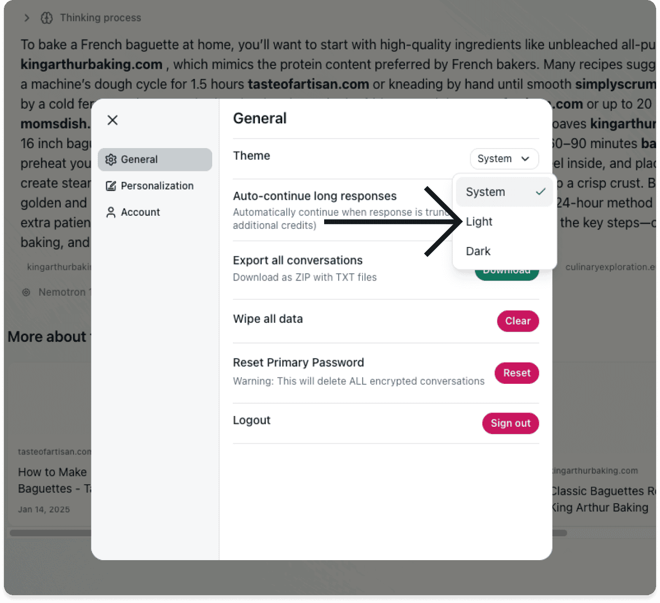 Screenshot of the ExpressAI settings menu on desktop. A arrow points to Dark in the dropdown menu next to the theme section.