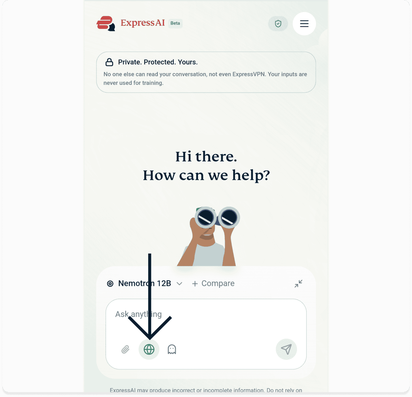 Screenshot of the ExpressAI chat window on desktop with web search enabled. An arrow points of the web search globe icon.