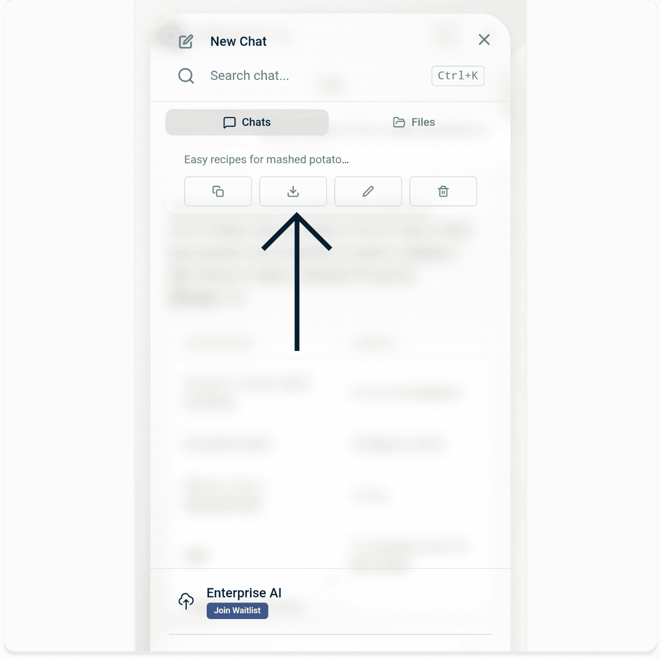 An arrow points to the Export button underneath a saved chat about recipes for mashed potatoes. 