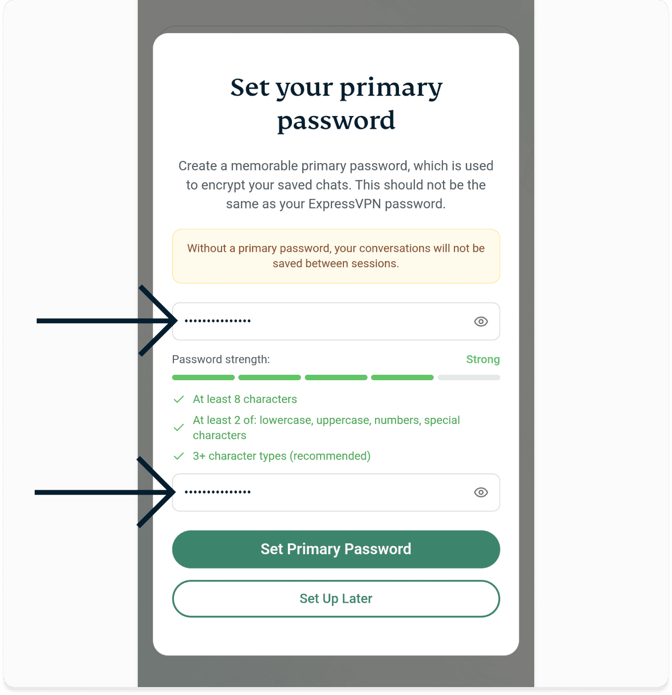 A screenshot of the ExpressAI primary password setup screen on a mobile browser. Two arrows point to the Primray Password and Re-enter Primary Password text fields.