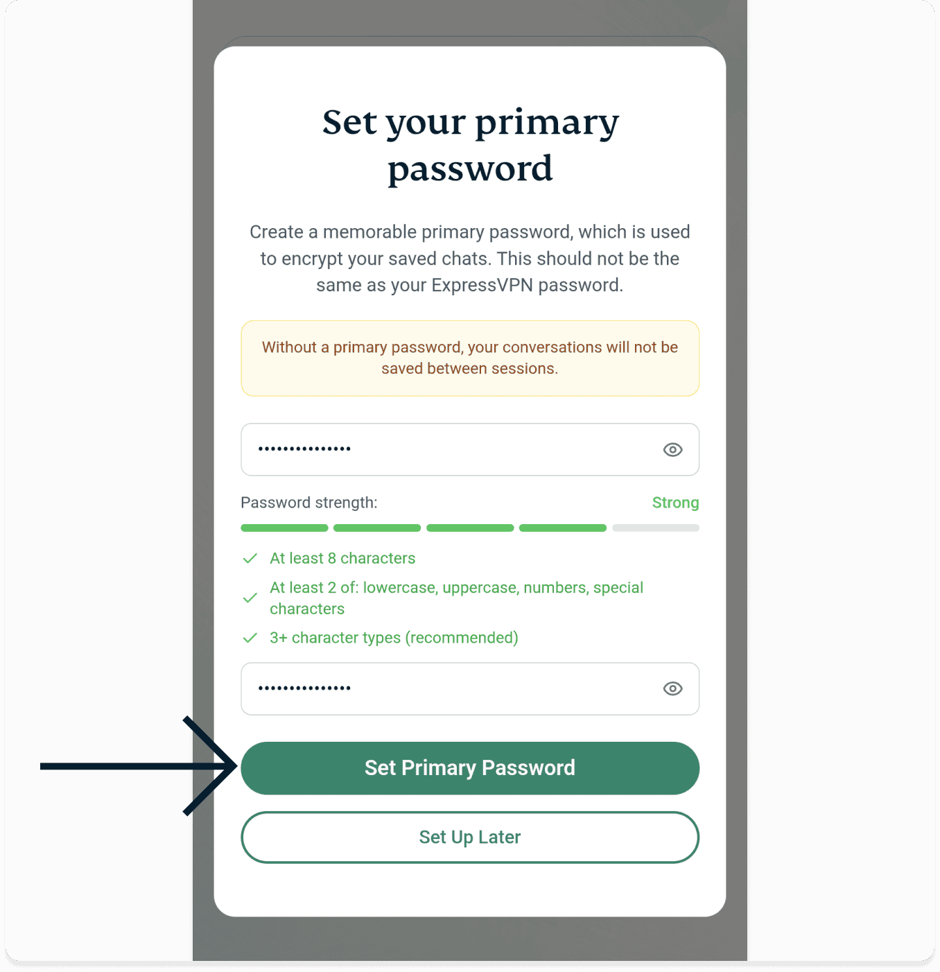 Screenshot of the ExpressAI set primary password screen on a mobile browser. An arrow points to the green Set Primary Password button at the bottom of the screen.