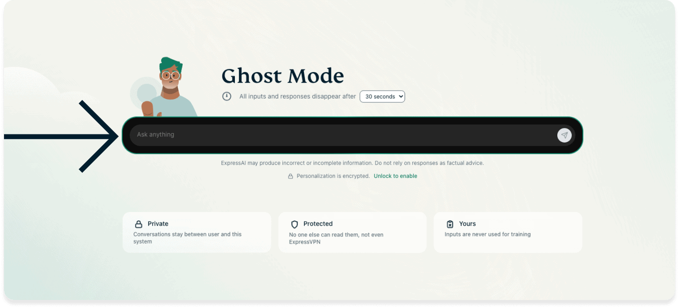 A screenshot of the ExpressAI home screen with ghost mode enabled. An arrow points to the chat window in the middle of the screen.