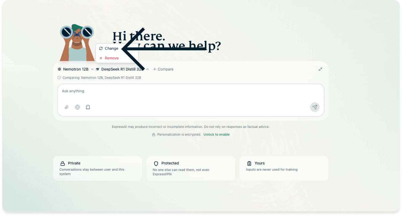 Screenshot of a menu above the chat window showing the options Change and Remove. An arrow points to the Change option.