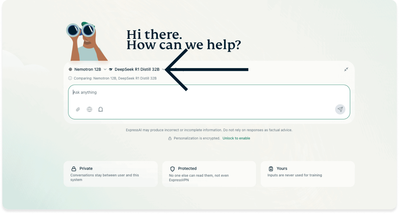 Screenshot of the ExpressAI home screen on desktop. An arrow points to the AI model DeepSeek R1 above the chat window in the middle of the page.