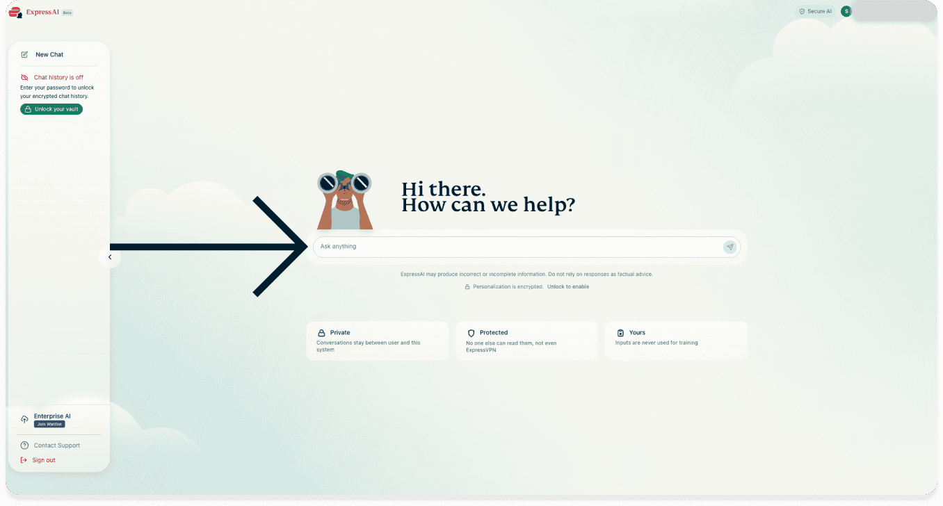 A screenshot of ExpressAI on a desktop browser. An arrow points to the chat window in the center of the screen.