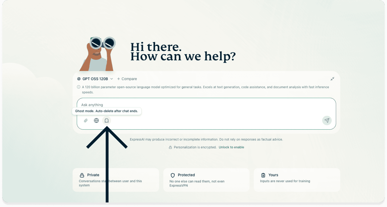 Screenshot of the ExpressAI home page on a desktop browser. An arrow points to the ghost mode icon under the chat window.