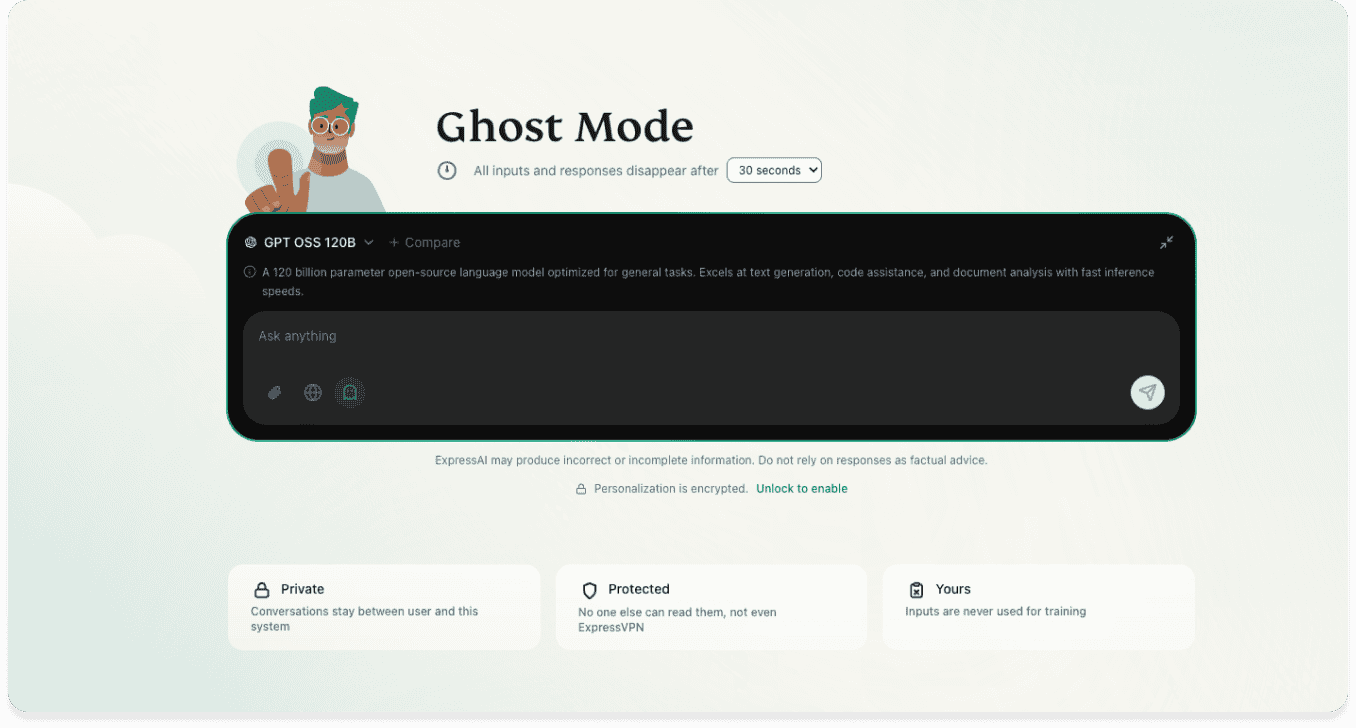 A screenshot of the ExpressAI home screen on a desktop browser with ghost mode enabled.