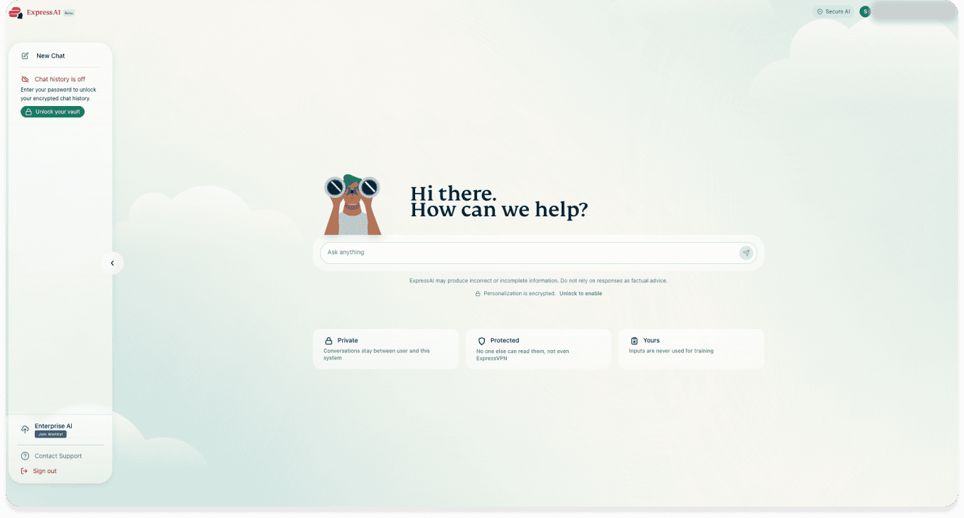 A screenshot showing the ExpressAI home screen on desktop with ghost mode disabled.