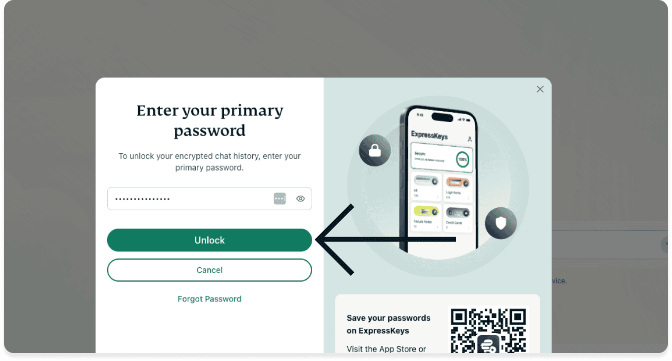 A screenshot of ExpressAI's primary password input screen on a desktop browser. The primary password field in blank and an arrow points to the green Unlock button.