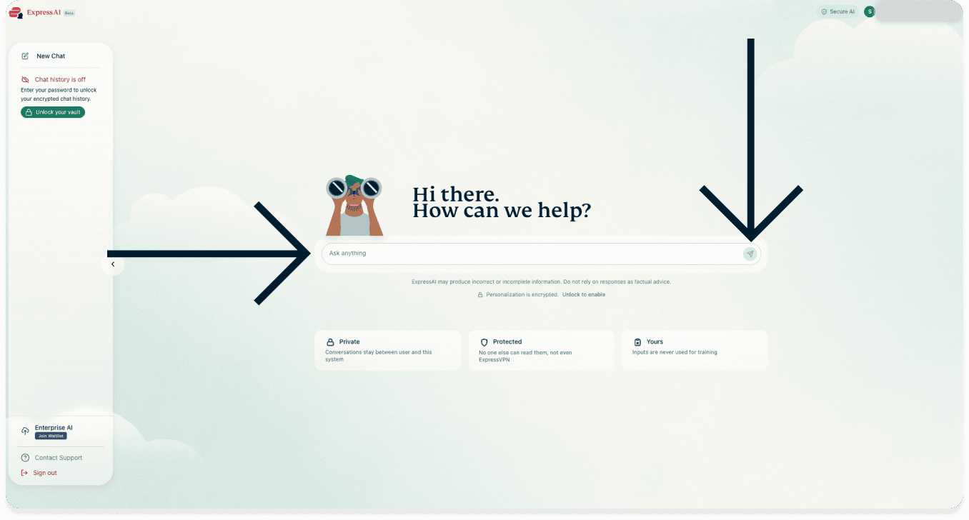 A screenshot of the ExpressAI home screen on a desktop browser. One arrow points to the chat window in the middle of the screen, while another arrow points to the Send button to the right of the chat window.