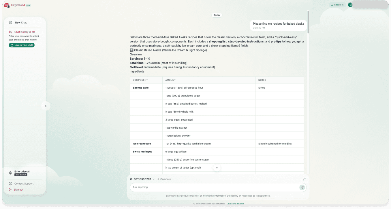 A screenshot of ExpressAI on a mobile browser. It shows the AI's response to a prompt asking for Baked Alaska recipes. 