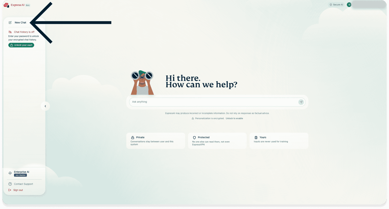 A screenshot of the ExpressAI home screen on a desktop browser. An arrow points to the Start Chat button in the top-left corner of the screen.