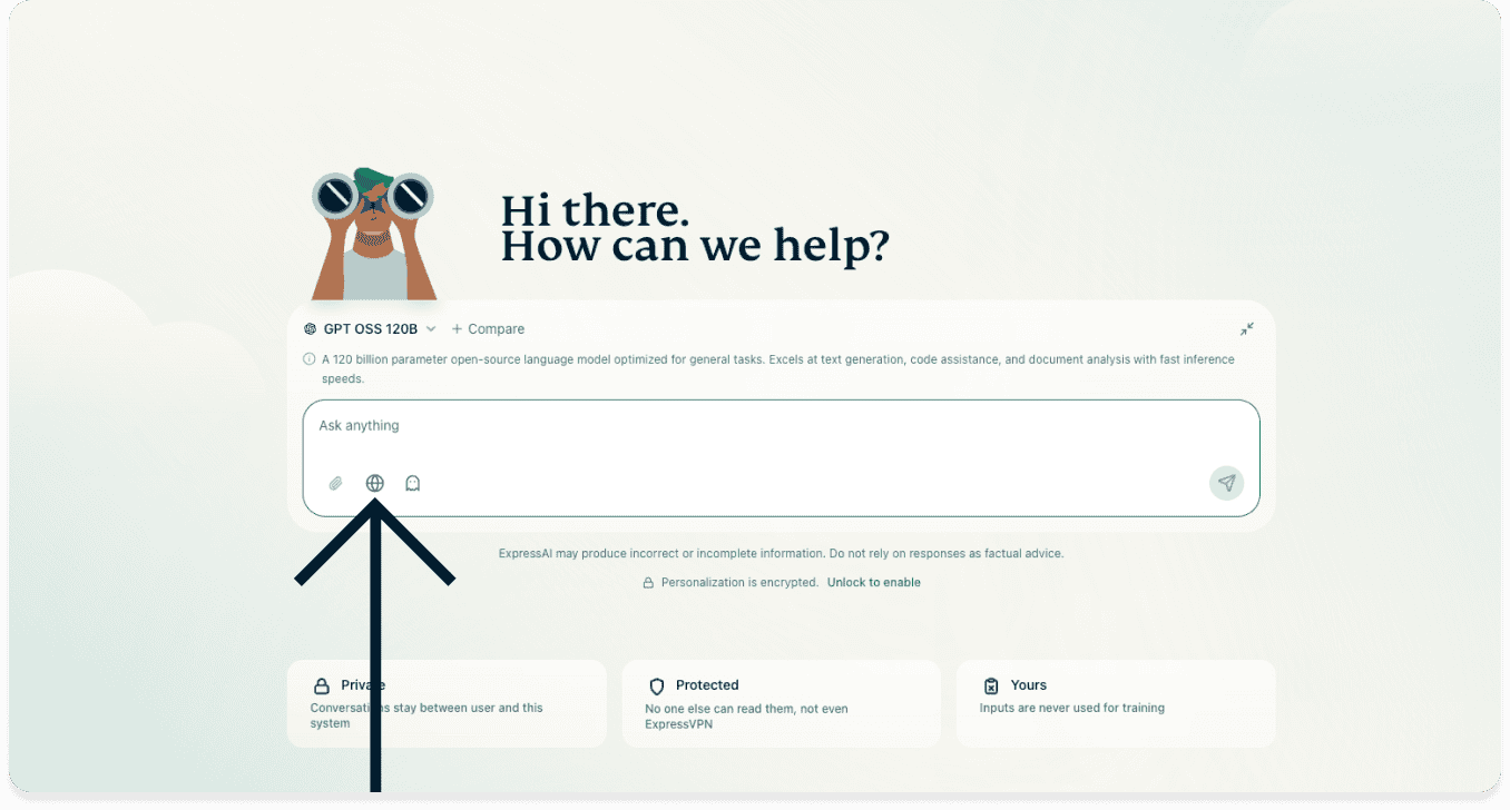 Screenshot of the ExpressAI chat window on deskop. And arrow points to a globe icon underneath the chat window.