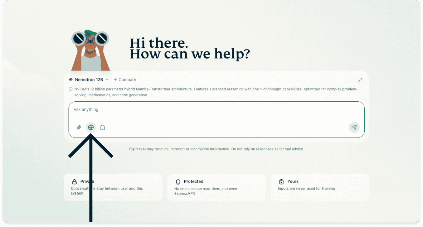 Screenshot of the ExpressAI chat window on dkestop with an arrow pointing to the web search globe icon.