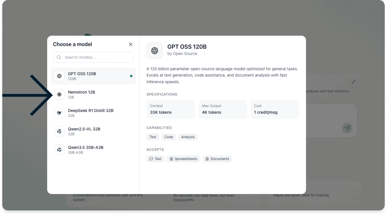 A screenshot of ExpressAI's AI model selection menu on a desktop browser. An arrow points of one of the selectable AI models.