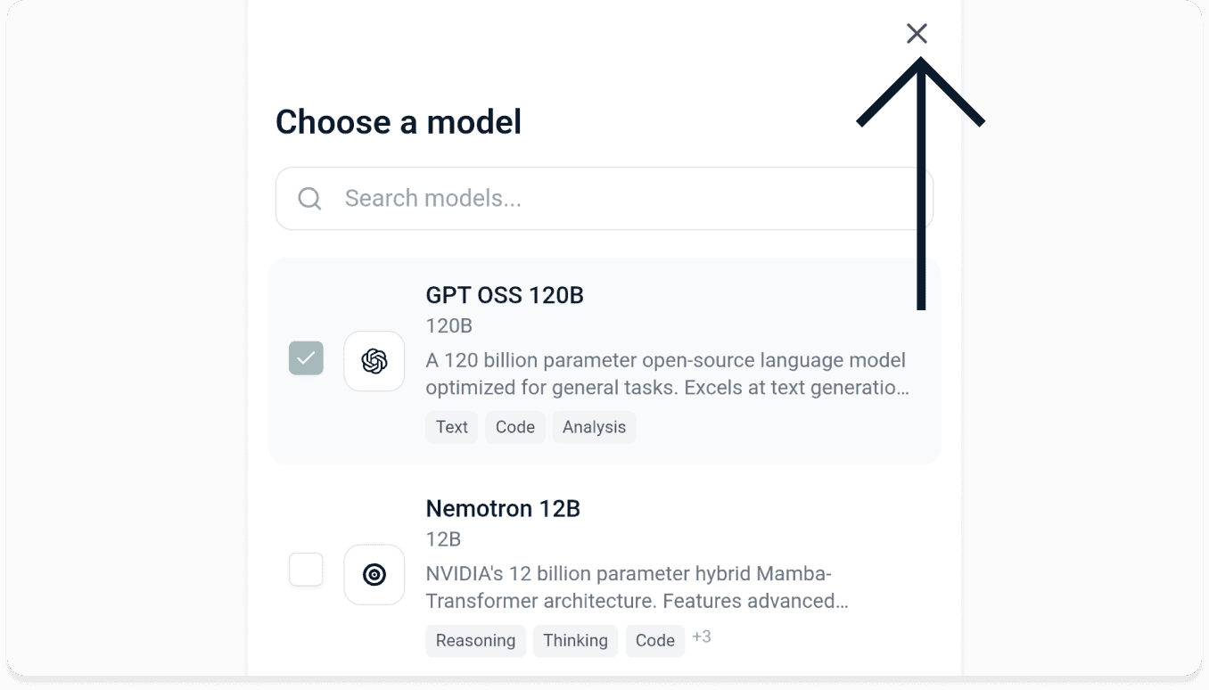 A screenshot showing the ExpressAI AI model selection menu on mobile. An arrow points of the X (quitbutton) in the top-right corner of the screen.