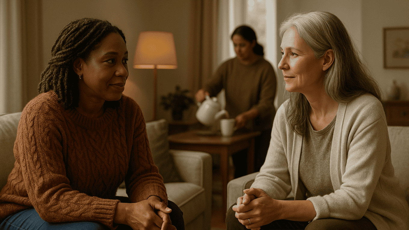 Two women sit on a sofa facing each other, talking warmly in a cozy living room; a third person pours tea in the background.