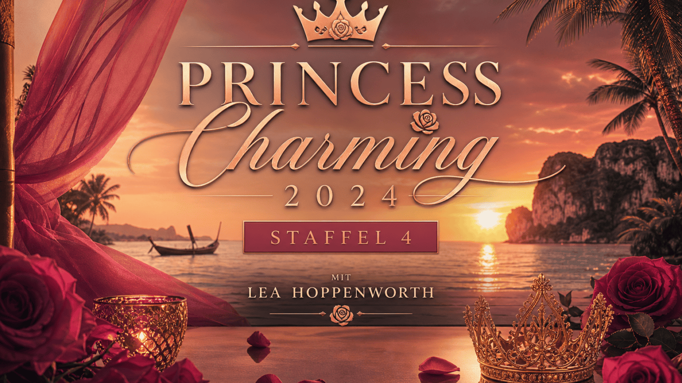 Promotional cover for Princess Charming 2024 Staffel 4: sunset seaside scene with roses, a crown, and elegant typography.