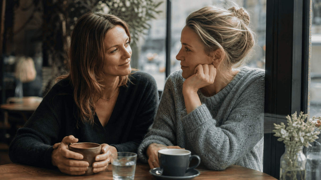 Two women sit at a wooden table in a cafe, smiling as they chat, each holding a mug. A glass of water sits between them.