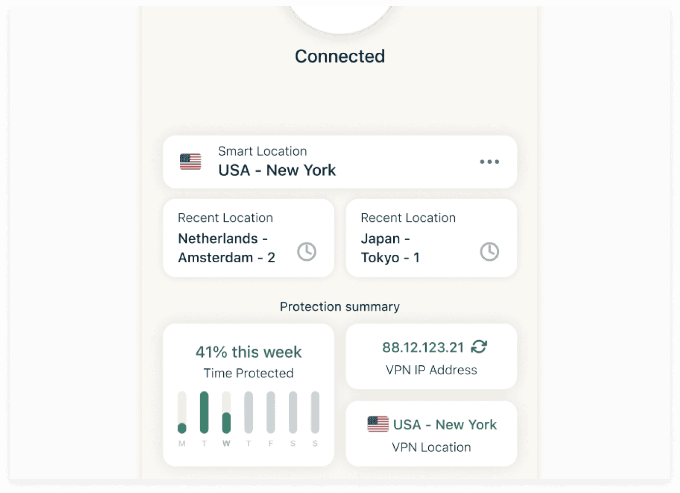 Resumo de Proteção do ExpressVPN no app iOS.