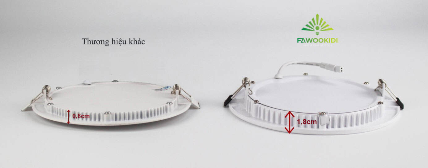 So sánh độ dày đế tản nhiệt của đèn led ngoài thị trường (trái) và đế tản nhiệt của đèn Led Fawookidi (phải)