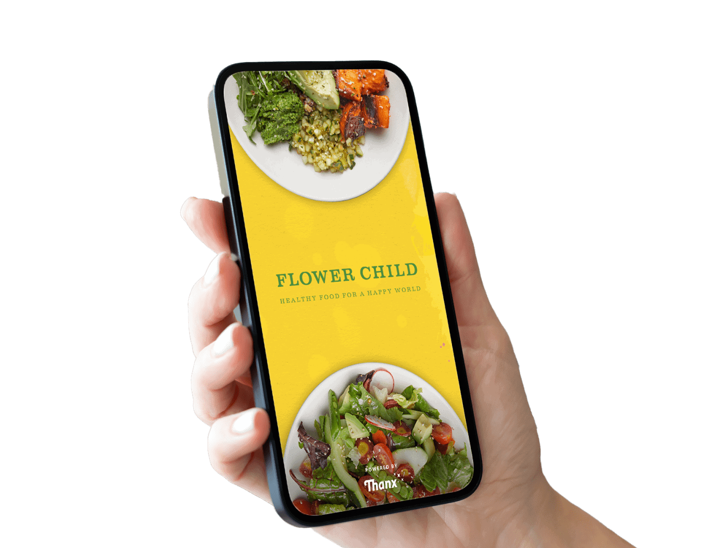 Hand holding mobile phone showing the Flower Child mobile app by Thanx