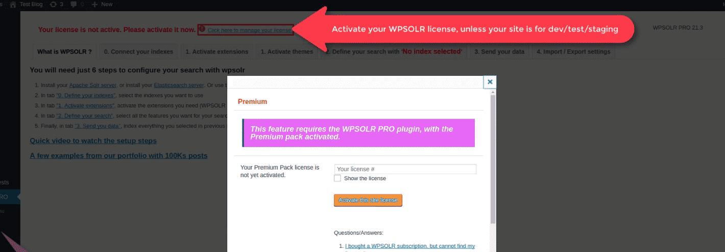 WPSOLR admin: activate a license