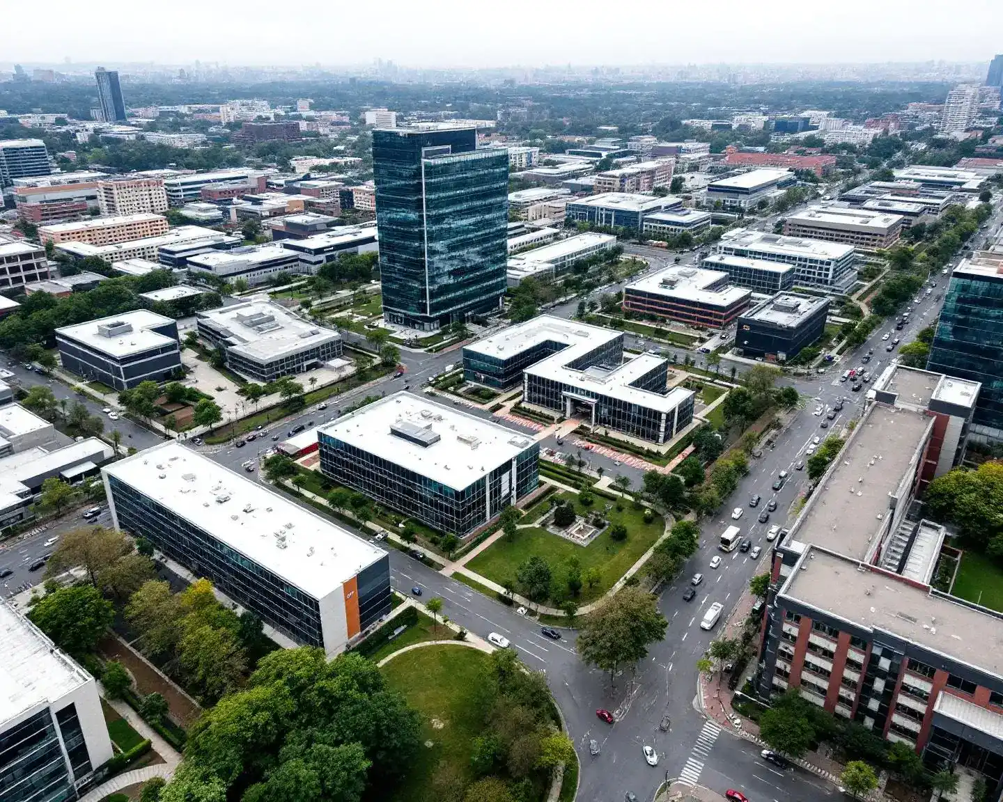 Fotografía aérea del Parque Empresarial Arroyo de la Vega en Alcobendas, sedes corporativas