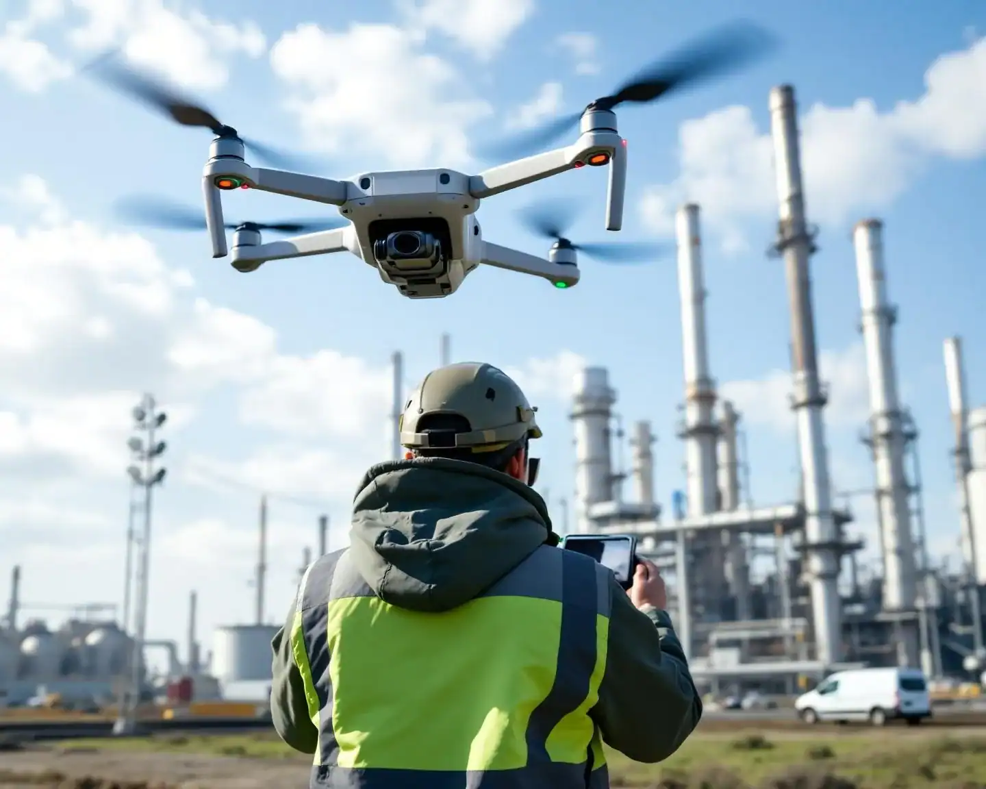 Piloto profesional con seguro RC operando drone en industria