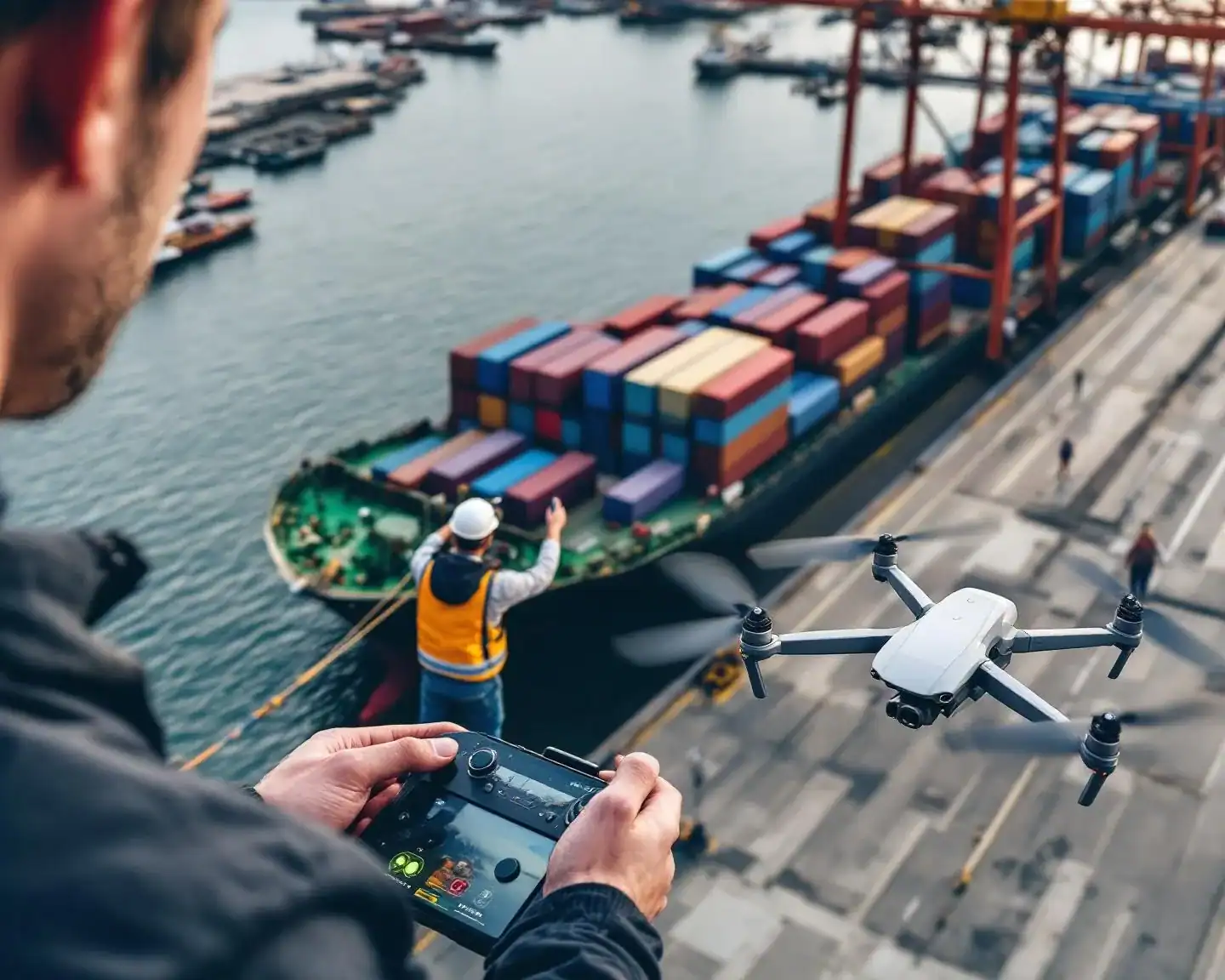 Piloto profesional operando drone en obra portuaria