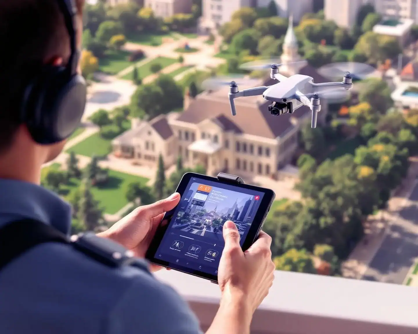 Piloto de drone profesional operando sobre una zona urbana municipal