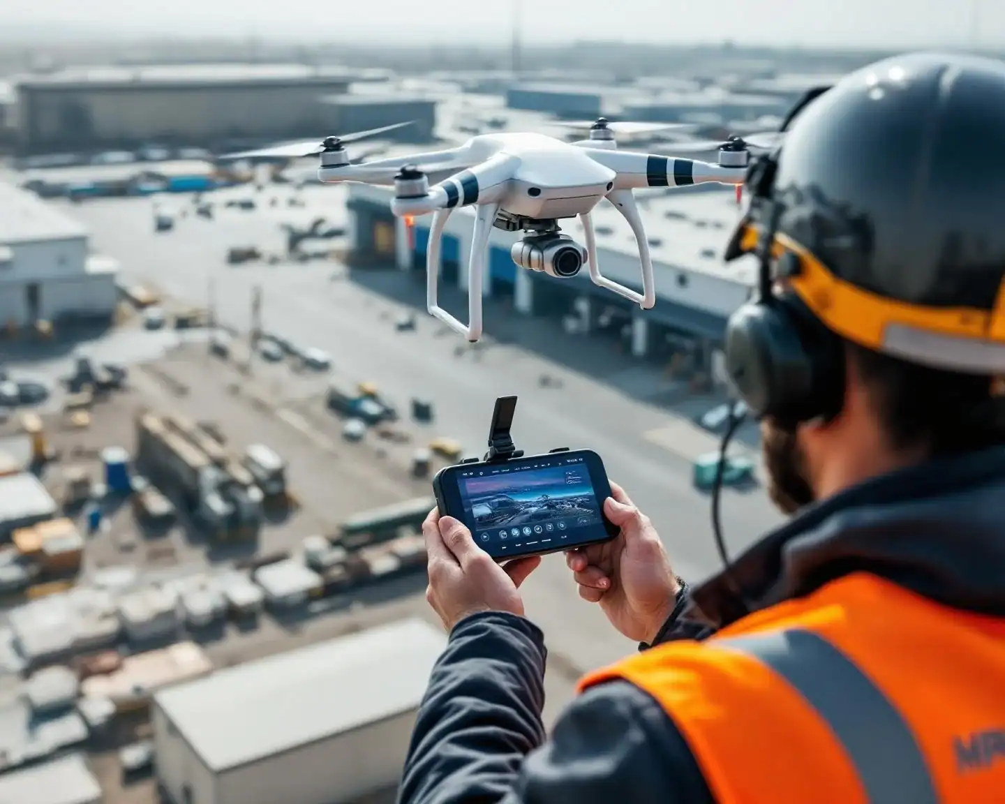 Piloto de drone profesional en zona industrial