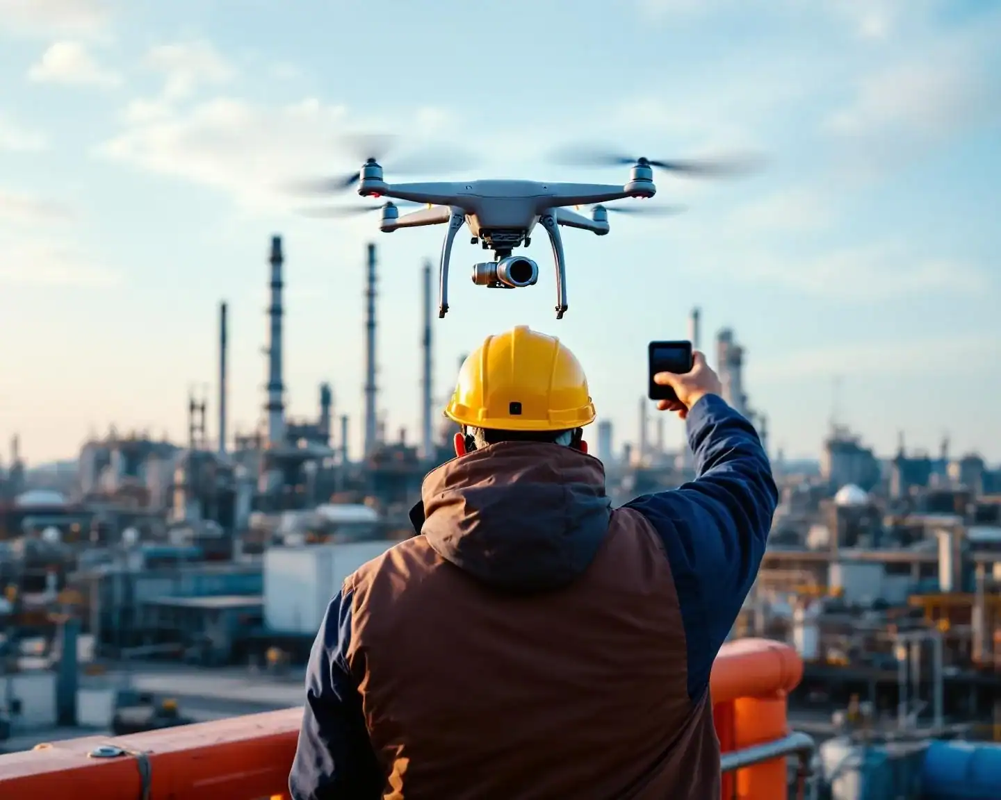 Piloto profesional de drone sobre planta industrial