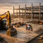 Dron Inspire 3 capturando excavación industrial en hora dorada con gimbal smooth y luz cinematográfica