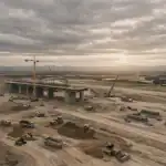 Vista aérea de proyecto de infraestructura en construcción durante hora dorada, tomada con drone cinematográfico DJI Inspire 3 en 6K