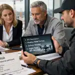 Reunión de especificaciones técnicas de contrato audiovisual aéreo en obra de ingeniería con certificaciones AESA visibles