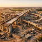 Vista aérea cinematográfica de obra de infraestructura de gran escala durante hora dorada, captura con lente wide gimbal profesional